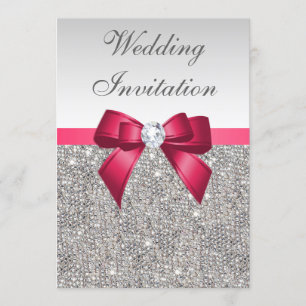 Imitats Silver Sequins Diamonds & Bow Wedding Einladung