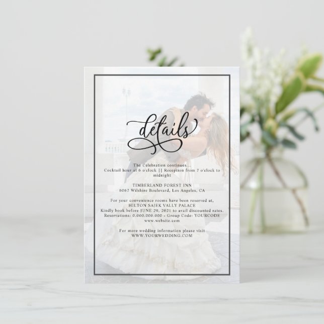 Imitats Vellum Effect Overlay-Foto Hochzeitdetails Begleitkarte (Stehend Vorderseite)