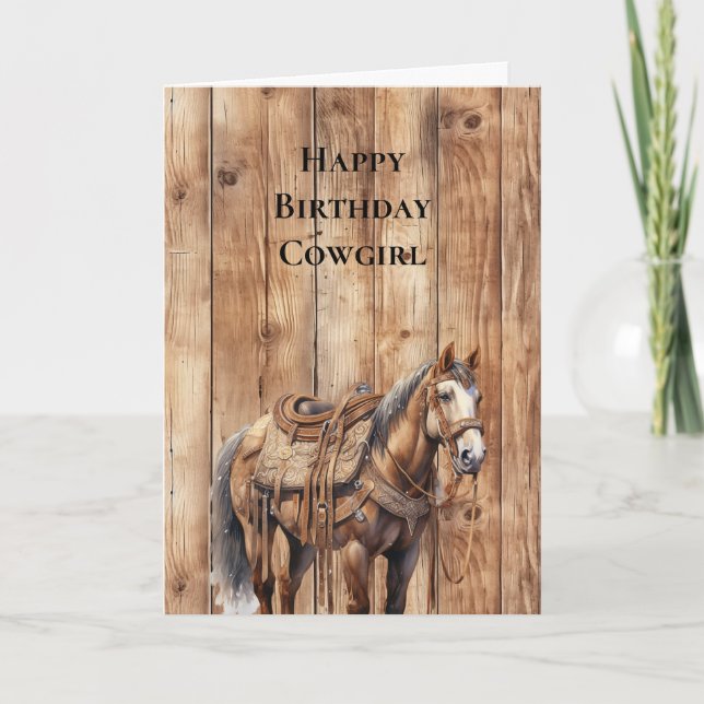 Imitats Wood Western Cowboy Cowgirl Horse Geburtst Karte (Vorderseite)