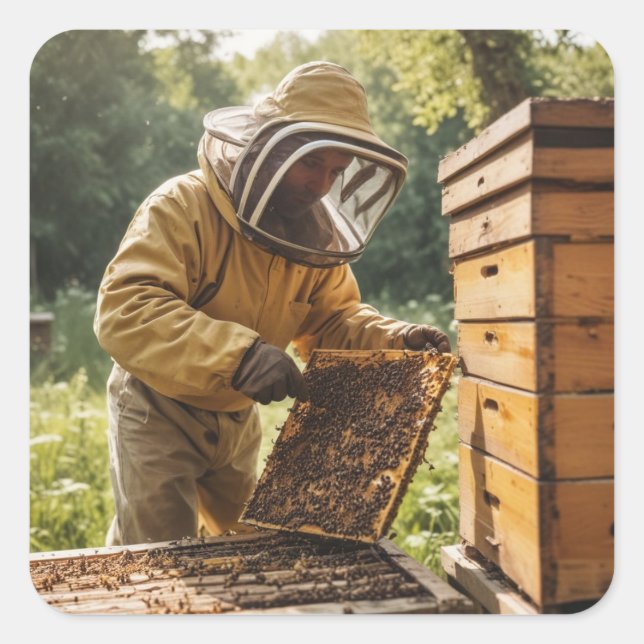 Imker und Bienenstock Quadratischer Aufkleber (Vorderseite)