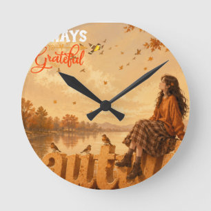 Immer dankbares Herbstmädchen, das auf Herbst sitz Runde Wanduhr