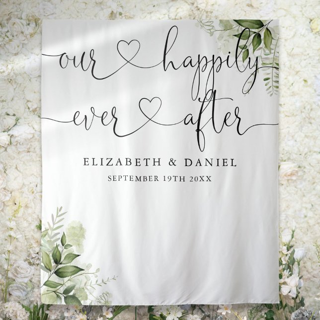 Immer nach Skriptgrün Hochzeitskugel Foto Hintergr Wandteppich (Ever After Script Greenery Wedding Photo Backdrop)