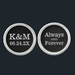 Immer und für immer ein Schwarzes Monogramm Groom Manschetten Knöpfe<br><div class="desc">Personalisiertes Hochzeitskuffeldesign für den Bräutigam mit einem Monogramm der Initialen des Paares und dem Hochzeitsdatum mit "Immer und für immer" Formulierung.  Schwarzer Hintergrund und weiße Textfarben können so verändert werden,  dass sie mit jedem Hochzeitsfarbschema koordiniert werden.</div>