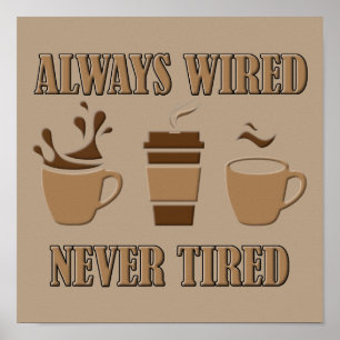 Immer verdrahtet, niemals müde, lustiges Kaffeepos Poster