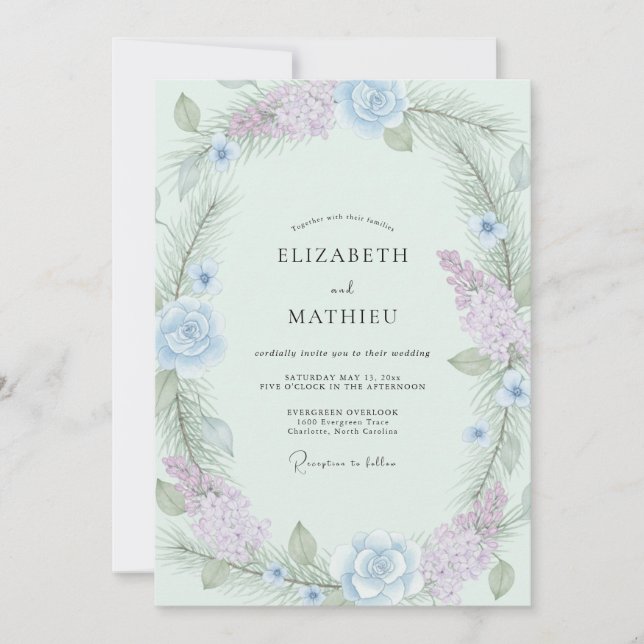 Immergrün-Amethyst-Kranz-Hochzeit Einladung (Vorderseite)