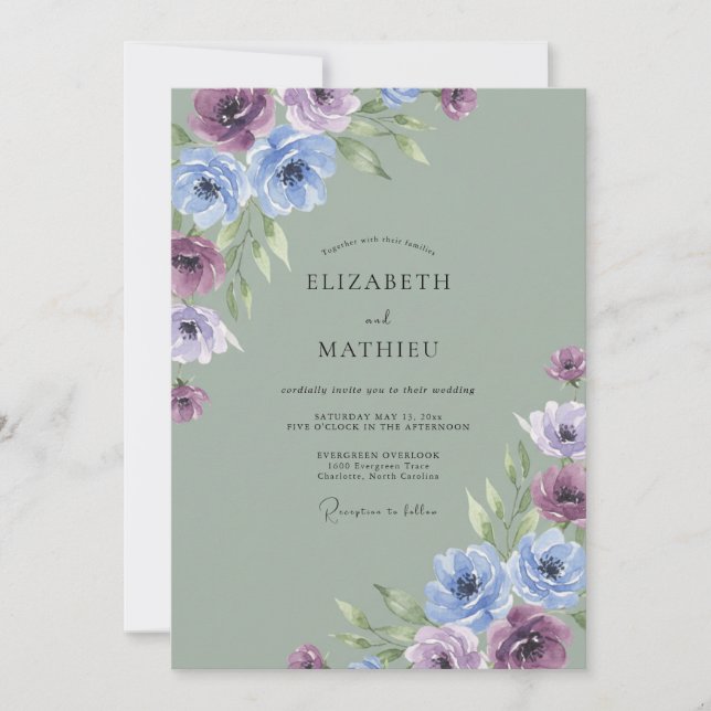 Immergrün-Amethyst-Wasserfarben-Hochzeit Einladung (Vorderseite)