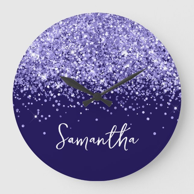 Immergrün Glitter Dunkelblaue Schrift Name Große Wanduhr (Vorderseite)