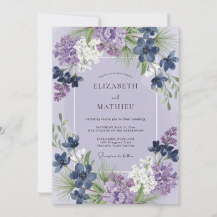 Immergrün-Indigo-Wildblumen-Hochzeit Einladung