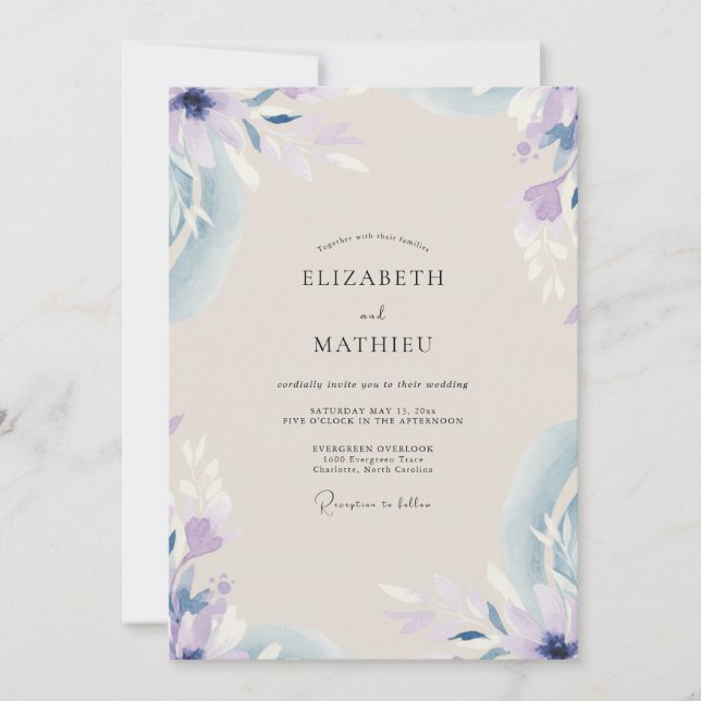 Immergrün-Lila-Blüten-Hochzeit Einladung (Vorderseite)