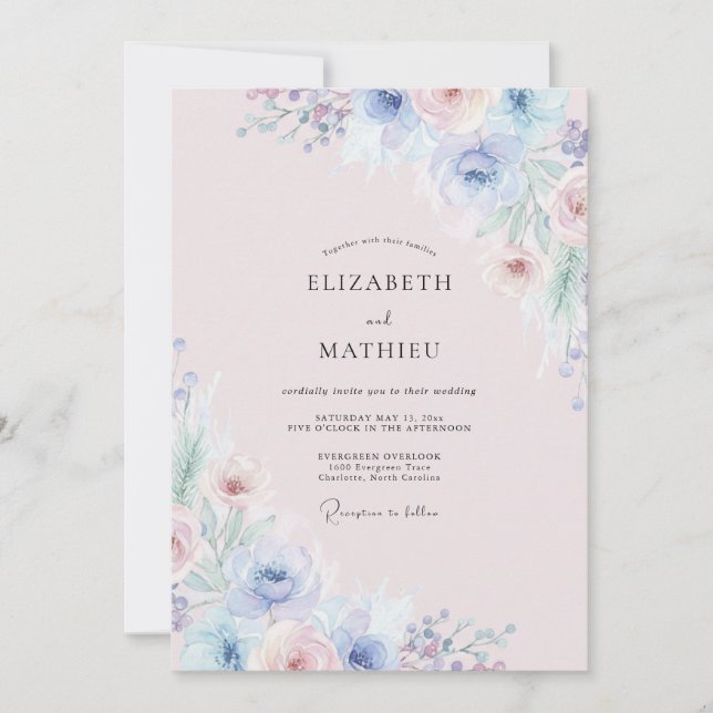 Immergrün-Rosa-Wildblumen-Hochzeit Einladung (Vorderseite)