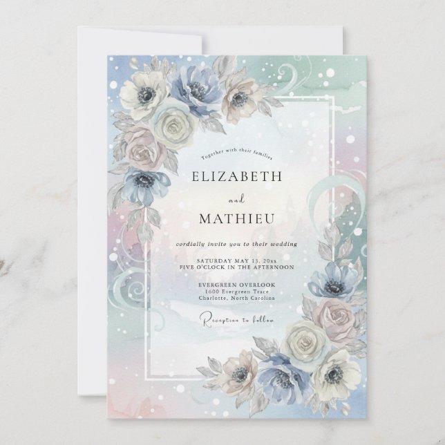 Immergrün Silber Petal Hochzeit Einladung (Vorderseite)