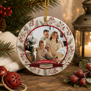 Immergrün, Stechpalme, Rote Beeren Foto Weihnachte Keramik Ornament