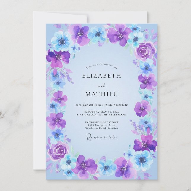 Immergrün-Veilchen-Wildblumen-Hochzeit Einladung (Vorderseite)