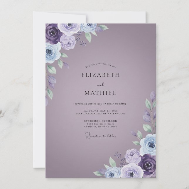 Immergrün-violette Ranunculus-Sage-Hochzeit Einladung (Vorderseite)