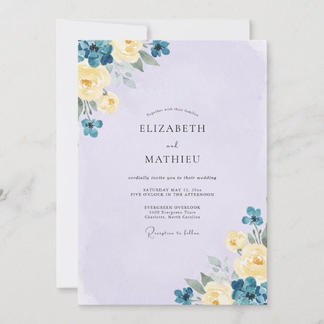 Immergrünblaue Blütenhochzeit Einladung (Vorderseite)
