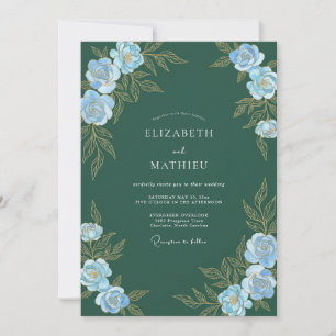 Immergrüne Azurblaue Blütenhochzeit Einladung