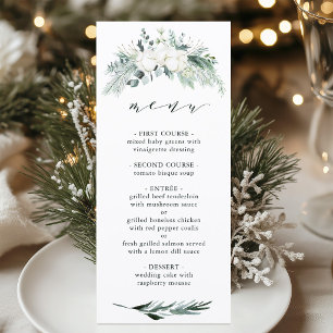 Immergrüne & Baumwollblumen Elegante Hochzeit Menükarte