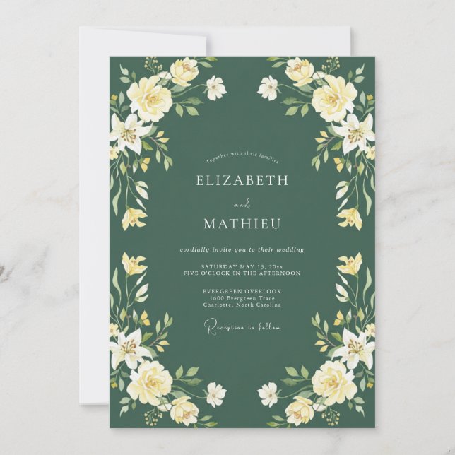 Immergrüne Creme-Blüten-Hochzeit Einladung (Vorderseite)