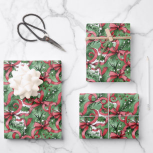 Immergrüne Stechpalme und rote Bänder Geschenkpapier Set