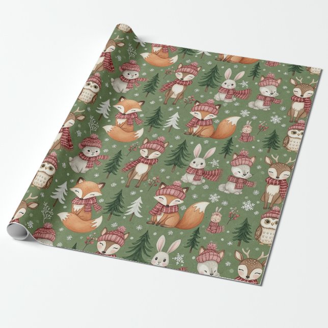 Immergrüne Weihnachts-Fuchs-Hirsch-Hase-Eule-Muste Geschenkpapier (Ungerollt)