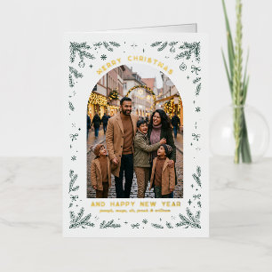 Immergrüne Weihnachtsfamilienfoto mit Bogen