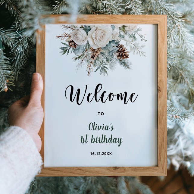 Immergrüner Winter Erster Geburtstag Willkommen Poster (Von Creator hochgeladen)