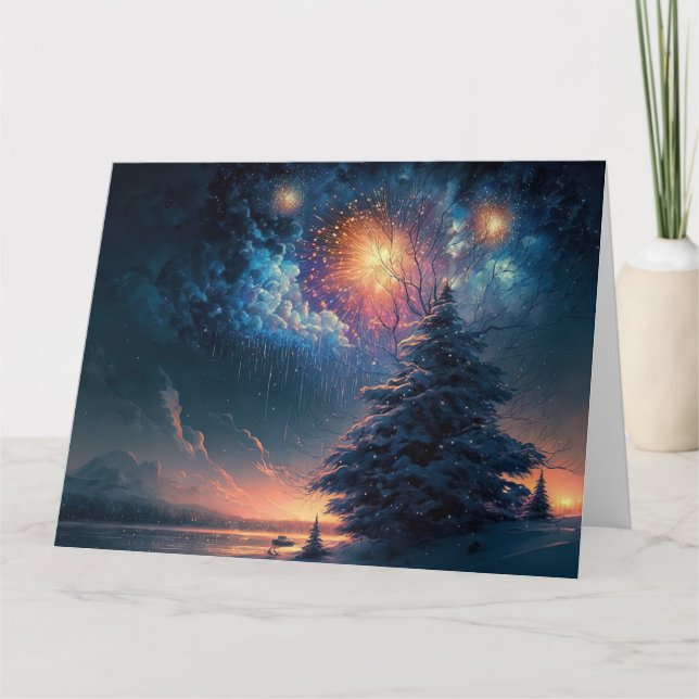 Immergrüner Winterbaum & Feuerwerk Karte (Vorderseite)
