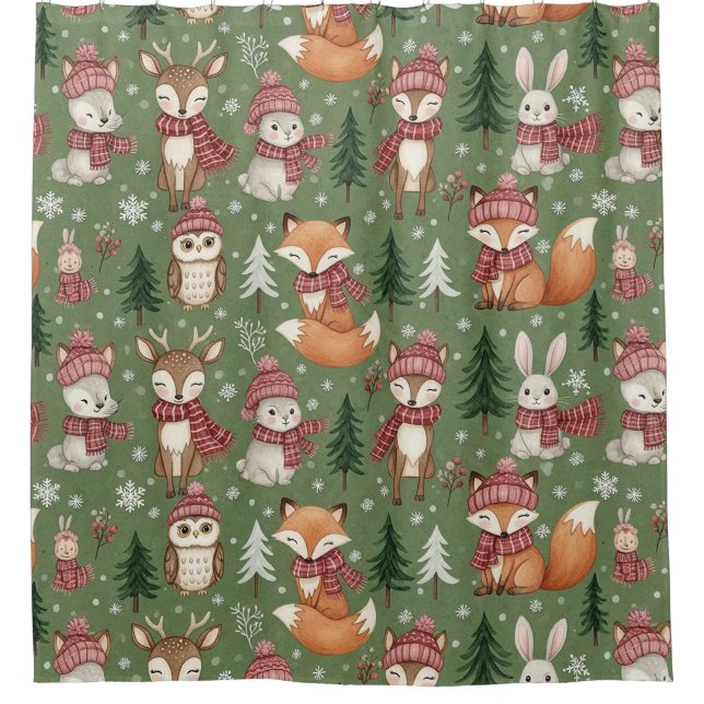 Immergrünes Weihnachts-Fuchs-Hirsch-Hase-Eule-Must Duschvorhang (Vorderseite)