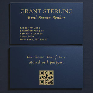 Immobilien Navy Blau Gold Metallisch QR-Code  Visitenkarte