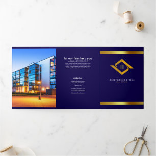 Immobilien Navy Blau Haus Logo Moderner Makler Dreifach Gefaltete Karte