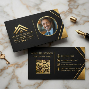 Immobilienmakler-Foto-QR-Code Luxus Navy Gold Visitenkarte