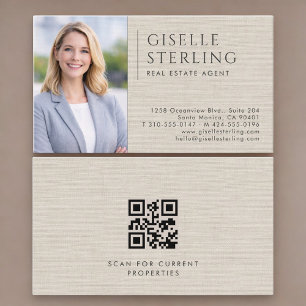 Immobilienmakler Neutrales Leinen-Foto-QR-Code Visitenkarte