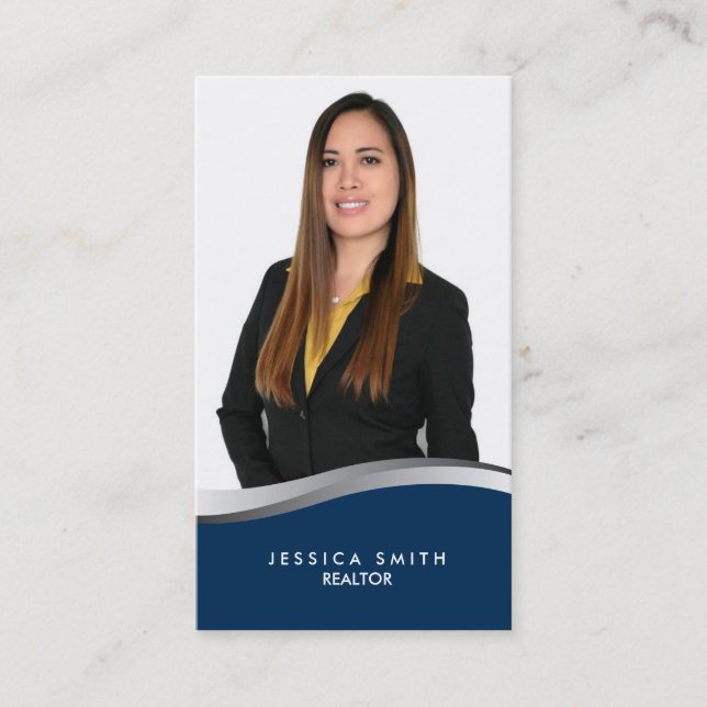 Immobilier Bleu avec carte de visite swoosh argent (Devant)