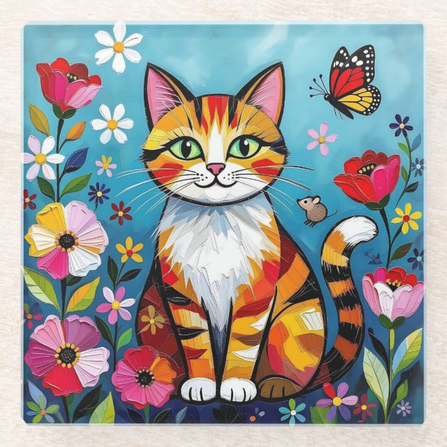 Impasto Cat, Flowers & Butterfly Glasuntersetzer (Vorderseite)