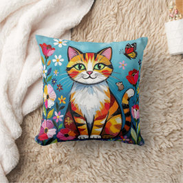 Impasto Cat, Flowers & Butterfly Kissen