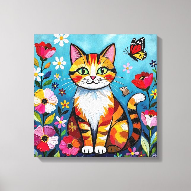 Impasto Cat, Flowers & Butterfly Leinwanddruck (Vorderseite)
