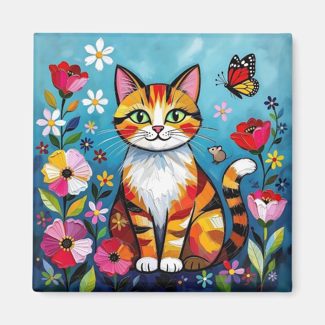 Impasto Cat, Flowers & Butterfly Magnet (Vorne)