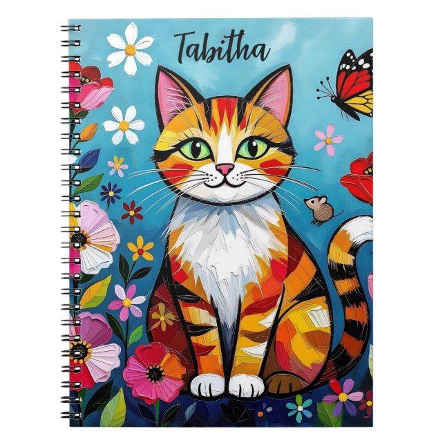 Impasto Cat, Flowers & Butterfly Personalized Notizblock (Vorderseite)