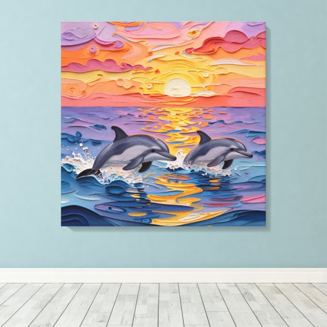 Impasto Dolphins and Ocean Waves   Leinwanddruck (Insitu (Holzboden))