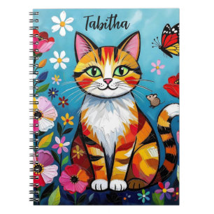 Impasto-Katze, Blumen & Schmetterling Personalisie Notizblock