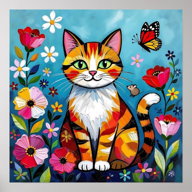 Impasto-Katze, Blumen und Schmetterling Poster (Vorne)
