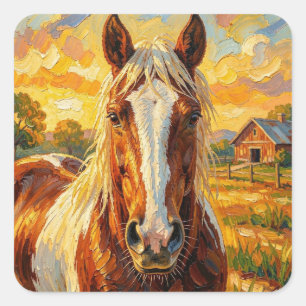 Impasto-Pferd auf einem Bauernhof Quadratischer Aufkleber