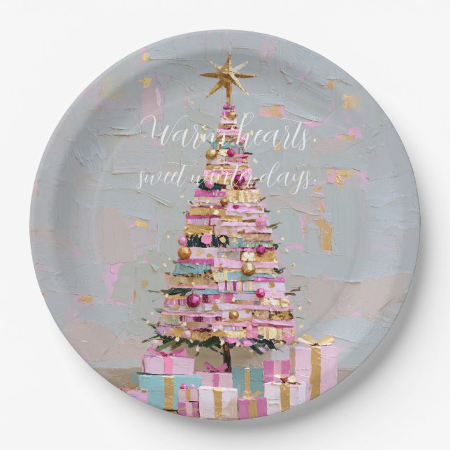 Impasto-Rosa-und-Gold-Weihnachtsbaum Pappteller (Vorderseite)