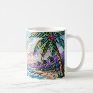 Impasto-Strand und Meeresglas-Sonnenuntergang und Kaffeetasse