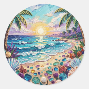 Impasto-Strand und Meeresglas-Sonnenuntergang und Runder Aufkleber