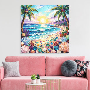 Impasto-Strand und Meerwasserglas-Sonnenuntergang  Leinwanddruck