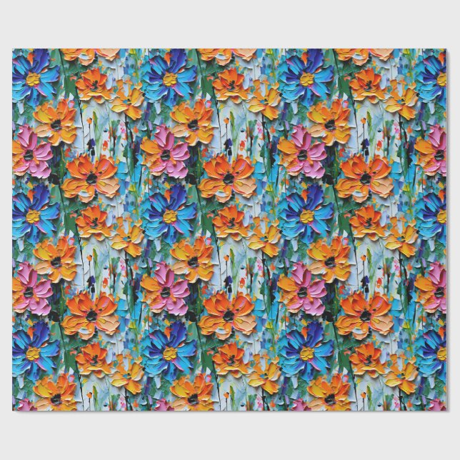 Impasto Style Blume in einem farbenfrohen Muster Geschenkpapier (Flach)