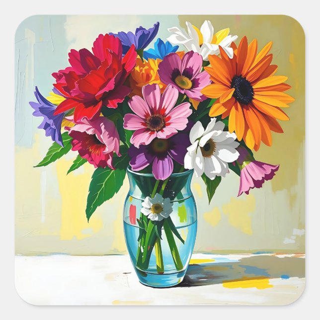 Impasto Style Vase der farbenfrohen Blume Quadratischer Aufkleber (Vorderseite)