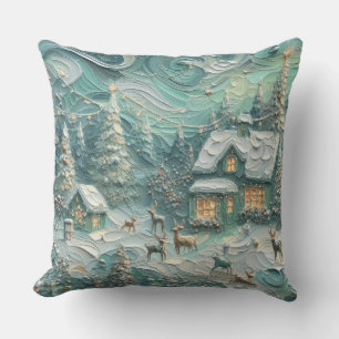 Impasto-Weihnachtsmotiv Festliche Laune Grün Kissen