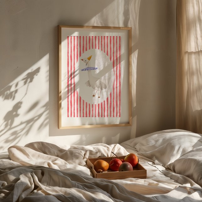 Impression aquarelle d'un drôle de jars idiot (Framed Funny Silly Goose watercolor nursery print on wall above bed with fruit tray.)